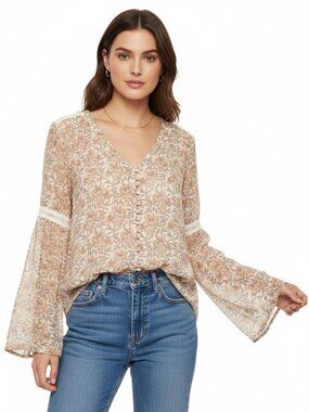 PAIGE Silk Lace Trim Blouse Ivory Bell Sleeve Boho S